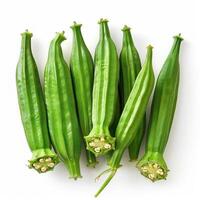 The image shows six green cucumber squashes arranged in a line against a white background. photo
