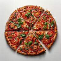 a sliced pizza with tomatoes and basil on it photo