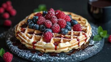 A close-up photograph of a fruit-topped waffle on a plate with a black background, photo