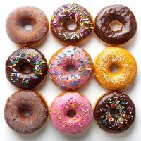 a group of doughnuts with different toppings on them photo