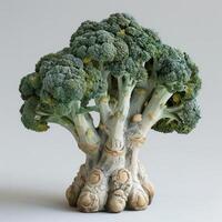 A small potted bonsai of a broccoli plant in full bloom with multiple branches, photo