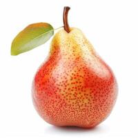 Fresh pear with a few leaves and stems attached, poised for consumption photo