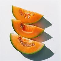 Three slices of peach, with a watermark effect on the background photo