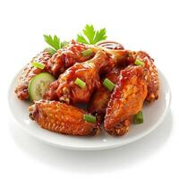 A plate of fried chicken covered in barbecue sauce and garnished with a pickle and parsley. photo