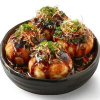 The image shows a plate of Asian-style meatballs served in a bowl, photo