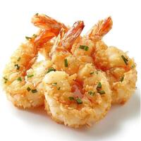 A close-up of cooked shrimp and scallops on a white background. photo