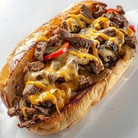 A mouthwatering steak sub with cheese and various toppings on a white plate photo