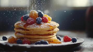 A stack of golden pancakes generously topped with fresh fruit and drizzled with syrup, photo