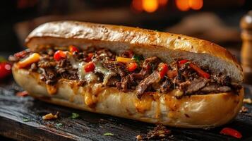 A tantalizing view of a beef sandwich loaded with toppings. photo