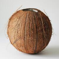 Half a coconut with husk and brown shell, sitting on white background. photo