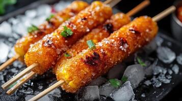 A tantalizing close-up of grilled skewers garnished with seasonings and topped with a coating of ora photo