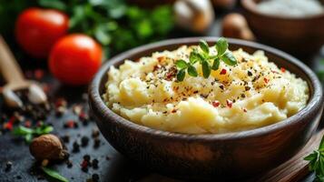 Mashed potatoes with garnish and spices photo