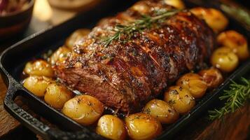 Cooked lamb with roasted potatoes in a metal pan. photo