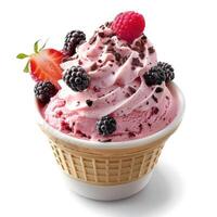 A cup of frozen yogurt with fruit and chocolate toppings, presented in a paper container. photo
