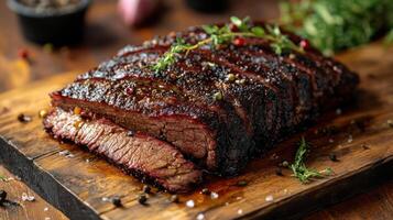 Cooked ribs with a delicious look, ready to serve. Surrounded by various spices and ingredients. photo
