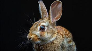 A close-up photo of a brown bunny with its ears perked up, looking directly at the camera.