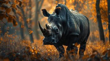 captures the serene and mystical atmosphere of a rhino walking through a forest covered with leaves. photo