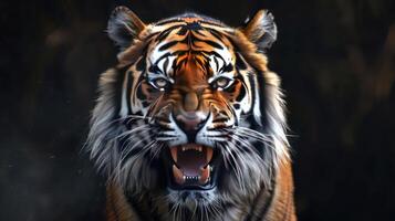 A close up of a tiger's face with its mouth wide open, showing teeth and tongue. photo