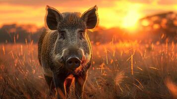 Sunset shot of a pig running in the wilderness. photo