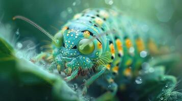 Close-up photo of a colorful, metallic looking bug perched on a leaf with droplets.