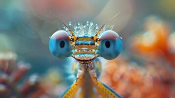 Intriguing close-up of a vividly colored dragonfly with large, captivating blue eyes. photo