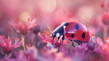A charming image of a red and black ladybug standing amidst vibrant pink flowers, photo