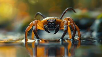 A vivid close-up photograph of an Orb Spider taken in macro photography style with a reflection. photo