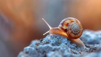 A close-up of a snail climbing up a rock with brown shell and pinkish inside, near sunset. photo