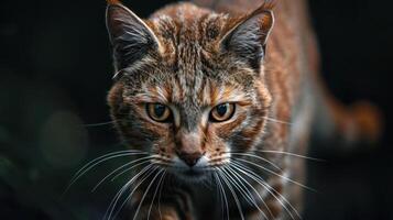 A tabby cat with whiskers stalking another small cat at night. photo
