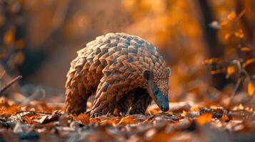A pangolin walking through a forest with fall leaves, photo