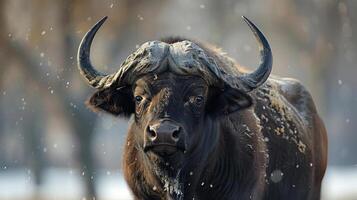 An image of a bison standing in the middle of a snow-covered landscape, photo