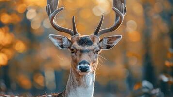 A majestic deer in full antler regalia stands proudly against a backdrop of an autumn forest, photo
