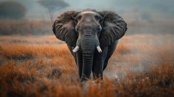 An elephant stands on a plain with tall brown grass and scattered trees, photo