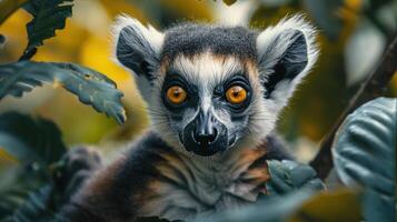 A close-up photo of a small monkey looking at the camera with its eyes wide open,