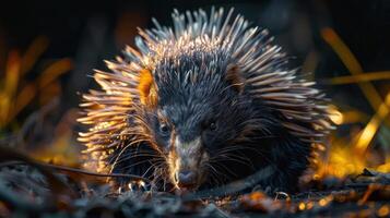 Pangolin walking through a forest at dusk, with its scales shining like dew on leaves. photo