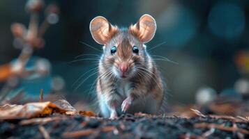 A cute mouse is looking at you with bright eyes in a natural setting. photo