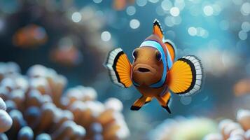 A close up of a clownfish in the ocean, surrounded by underwater coral and marine life. photo