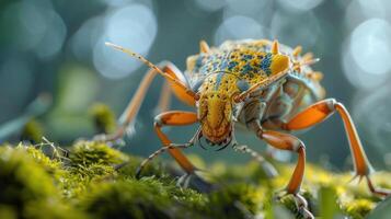A vividly colored beetle with distinctive yellow and blue markings, captured in a close-up shot. photo