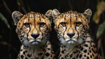 Double portrait of a cheetah with identical expressions, set against different backdrops. photo