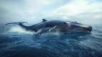 A humpback whale with its tail splashing as it glides through the ocean. photo