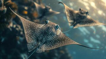 Underwater photograph capturing several stingrays swimming towards an observer. photo