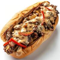 Half of a foot long chicken sandwich with meat sauce, green peppers and sliced jalapenos. photo