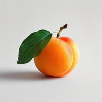 A close-up image of a ripe peach on its stem with two green leaves attached, photo