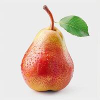 A ripe pear hanging from a stem, ready to be enjoyed. photo