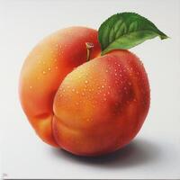 A fresh peach on a white background, covered in dew and displayed on an easel, photo