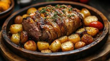 Sliced roasted meat with mashed potatoes, fresh vegetables on a platter. photo