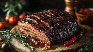 Baked ribs with barbecue sauce, topped with fresh herbs and chili peppers, photo