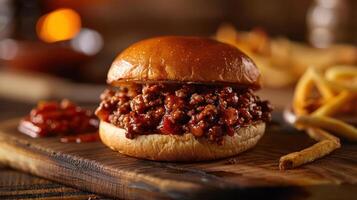 A delicious barbecue sandwich with a side of fries on a wooden table. photo