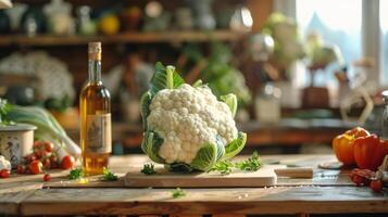 Fresh cauliflower on a wooden table, surrounded by herbs and spices. photo