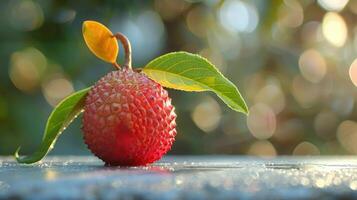 features a ripe rambutan fruit in focus, hanging from a tree branch. photo